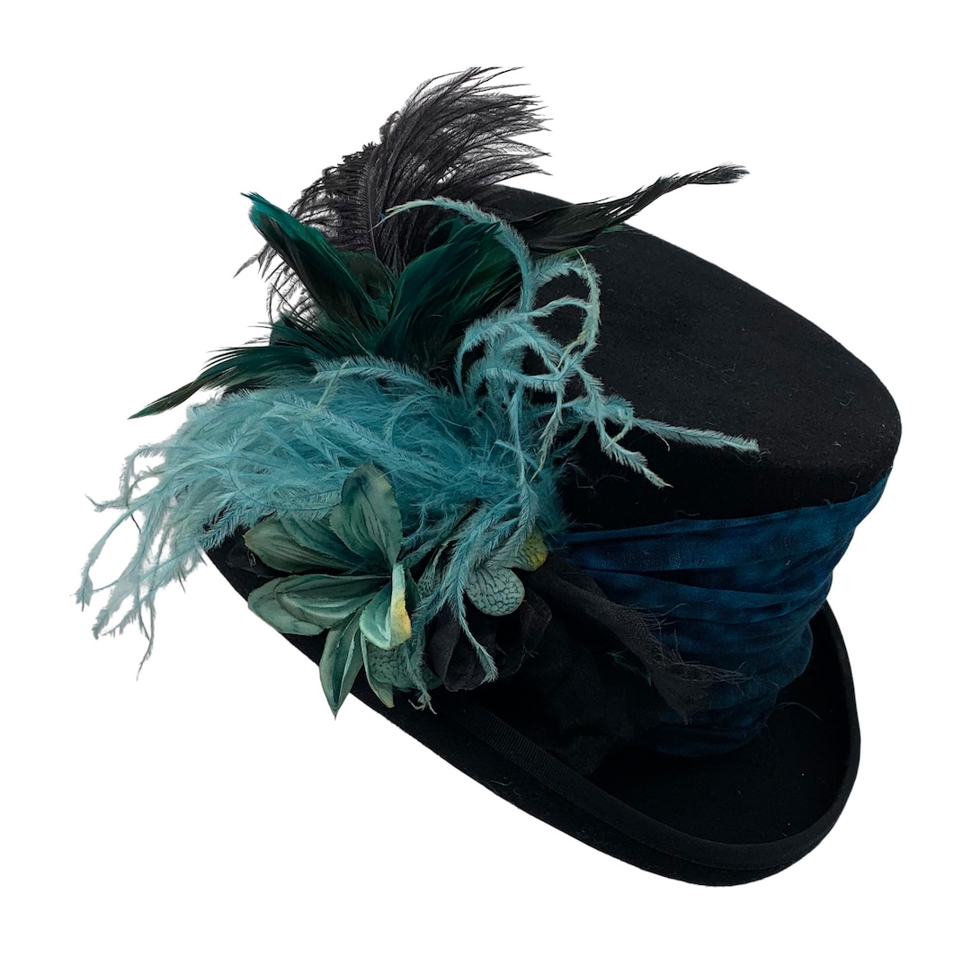 Top Hat With Blue Top Hat With Feathers Top Hat Ladies Top Etsy