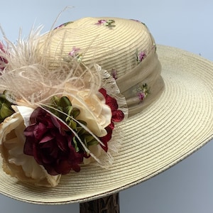 Victorian Hat Beige with Burgundy, Wide Brim Hat, Victorian Hat, Tea Party Hat, Southern Bell Hat, Kentucky Derby Hat, Downton Abby Hat