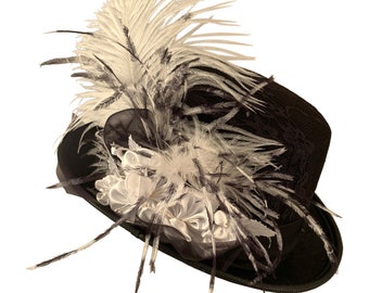 Top Hat Black with White, Riding Hat, Tea Party Hat, Victorian Top Hat Women, Top Hat Feathers, Southern Hat