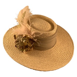 Gambler Hat, Bolero Hat, Boho Hat, Beige and Green, Kentucky Derby Hat, Gambler Bridal Hat, Feathers, Flowers
