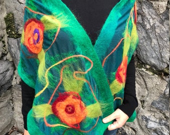 Handmade shawl, felted wraps, woman shawl merino, felted wool, handmade scarf, nuno felting shawl, green shawl