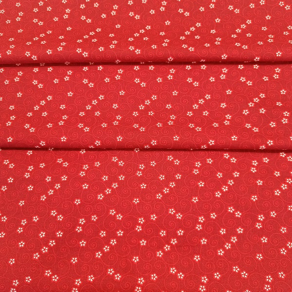 Vintage red cotton fabric with flowers print