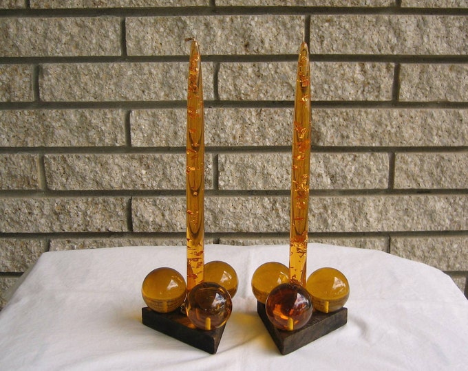 Pair Vintage Orange Amber Lucite Confetti Candles Gregorian Etsy
