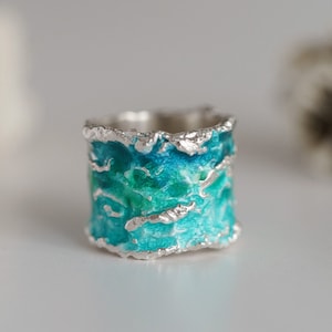 Wide wave ring Ocean ring Wide silver ring Turquoise enamel ring Beach jewelry Artisan jewelry Green ring Beach ring Silver ring Summer ring