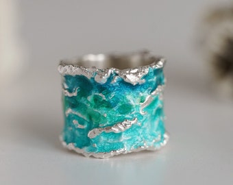 Wide wave ring Ocean ring Wide silver ring Turquoise enamel ring Beach jewelry Artisan jewelry Green ring Beach ring Silver ring Summer ring