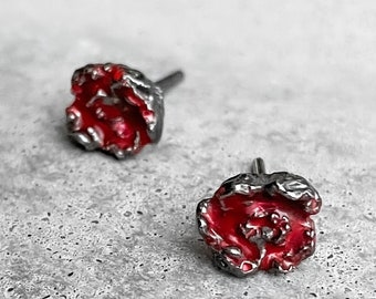 Red lava stud earrings Lava studs Nature lovers earrings Red studs Dark red earrings Red enamel studs Volcano searrings Silver enamel studs