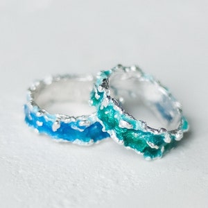 Wave ring Unique wedding rings Anniversary rings Engagement rings Blue ring Green ring Dainty ring Beach lovers Silver rings Enamel ring