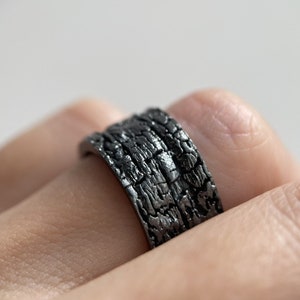 Black Sterling Silver Charcoal Ring - Wide Band Nature Ring