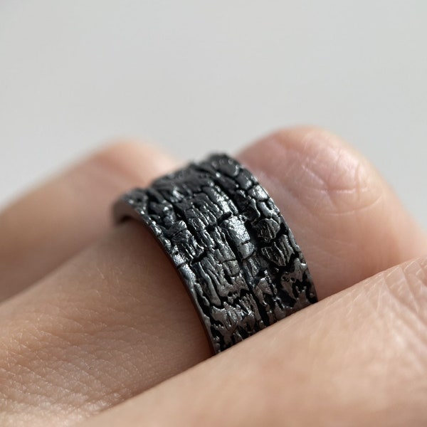 Wood coal ring Charcoal ring Blackened silver ring Wide silver ring Dark coal ring Nature lovers ring Dark silver ring Natural mineral ring