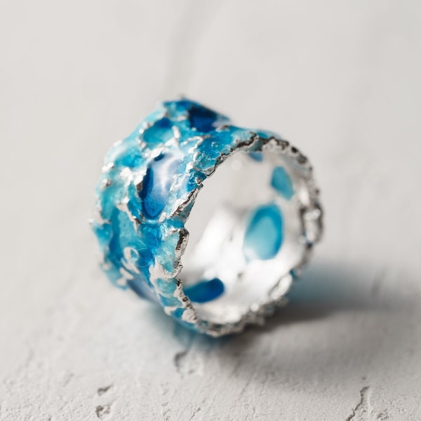 Ocean Blue Enamel Ring: Sterling Silver Wave Ring