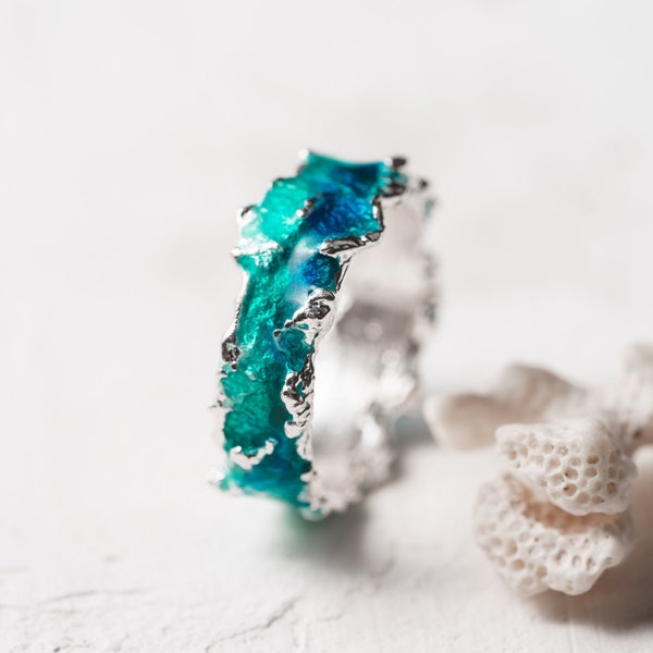 Bague vague Alliances uniques Bagues d'anniversaire Bagues de fiançailles Bague bleue Bague verte Bague délicate Amoureux de la plage Bagues en argent Bijoux artisanaux