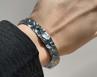 Black Sterling Silver Cuff Bracelet: Unisex Textured Design