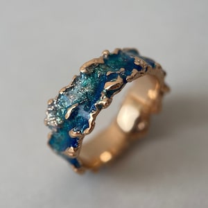 Gold wave ring Blue enamel ring Unique wedding rings Sea wave ring Ocean wave ring Beach lovers rings Gold enamel ring Rose gold ring