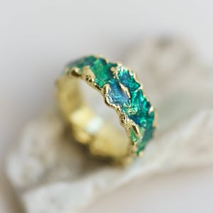 Wave gold ring Green enamel ring Sea wave ring Ocean gold ring Green ring Beach lovers rings Beach jewelry Gold enamel ring Green wave ring