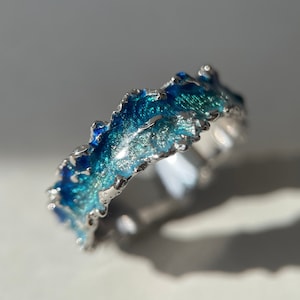 White gold ring Wave ring Blue enamel ring Unique wedding rings Sea wave ring Ocean wave ring Beach lovers rings Gold enamel ring