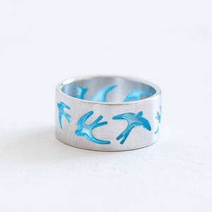 Light blue bird ring Swallow ring Good luck ring Animal lovers ring Blue swallow ring Nature lovers ring Blue enamel ring Basic silver ring