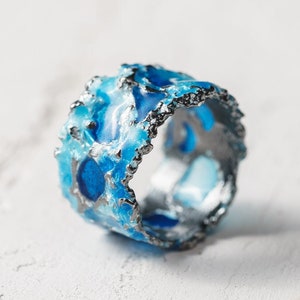 Blue storm ring Ocean ring Enamel ring Unique ring Blackened ring Green ring Blue ring Sea ring Blue enamel ring Mens ring Wave ring