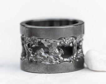 Thunderstorm ring Blackened silver ring Mens ring Wide silver ring Dark silver ring Storm ring Ring with holes Big silver ring Unusual ring