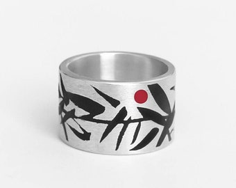 Bamboo ring Tree ring Wide silver ring Minimalistic ring Forest silver ring Plant ring Japan culture ring Silver enamel ring Everyday ring