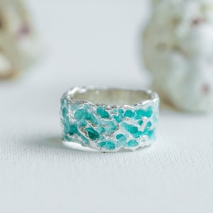 Water ripple ring Emerald ring Green water ring Water surface ring Green enamel ring Light green ring Wide massive ring Wide silver ring