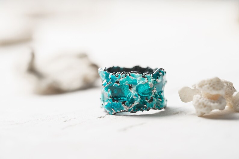Green black Storm ring Unique ring Blackened ring Green ring Blue ring Sea ring Nature ring Ocean shops wave ring Silver enamel ring Summer ring