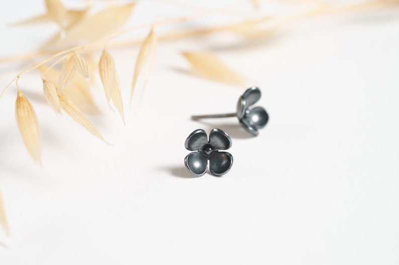 Flower silver earrings Floral earrings Basic silver studs Dark flower earrings Floral silver studs Everyday silver studs Light flower studs image 7