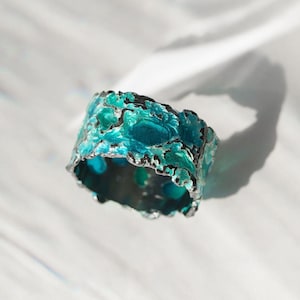 Dark storm ring Wide green ring Blackened silver ring Green enamel ring Sea ring Nature ring Ocean wave ring Silver enamel ring Summer ring