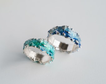 Wave ring Unique wedding rings Anniversary rings Engagement rings Blue ring Green ring Dainty ring Beach lovers Silver rings Enamel ring