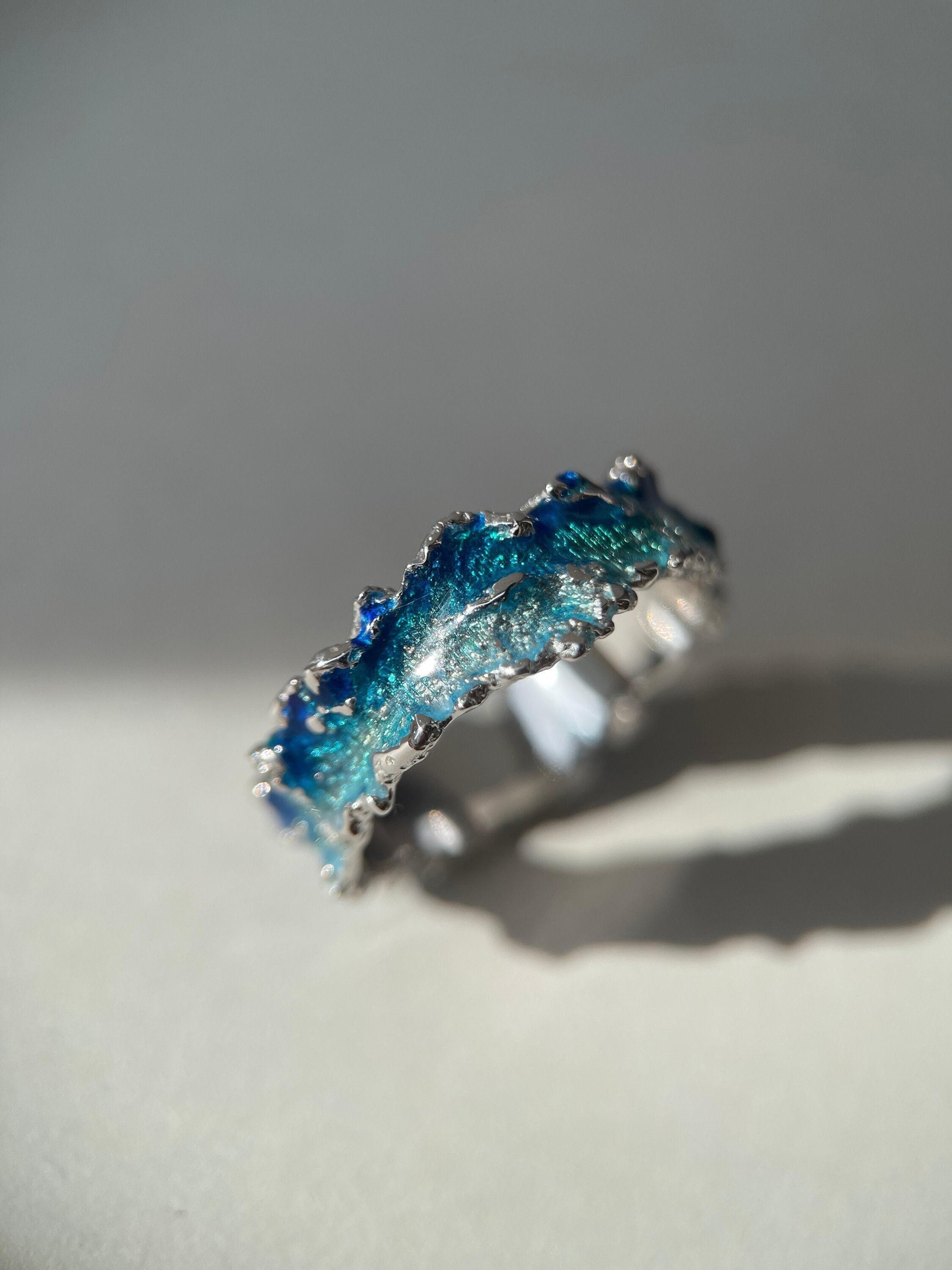 White Gold Wave Ring: Blue Enamel Ocean Ring - Etsy