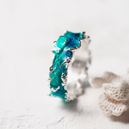 Bague vague Alliances uniques Bagues d'anniversaire Bagues de fiançailles Bague bleue Bague verte Bague délicate Amoureux de la plage Bagues en argent Bijoux artisanaux