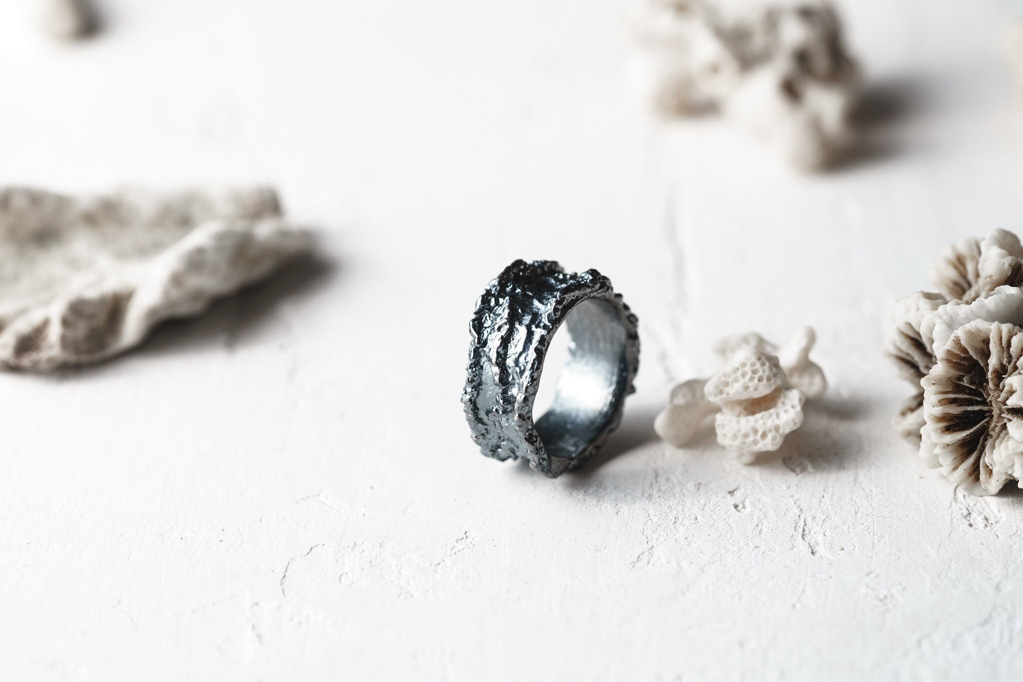 Wide Black Coral Ring: Oxidized Sterling Silver Wedding Band - Etsy
