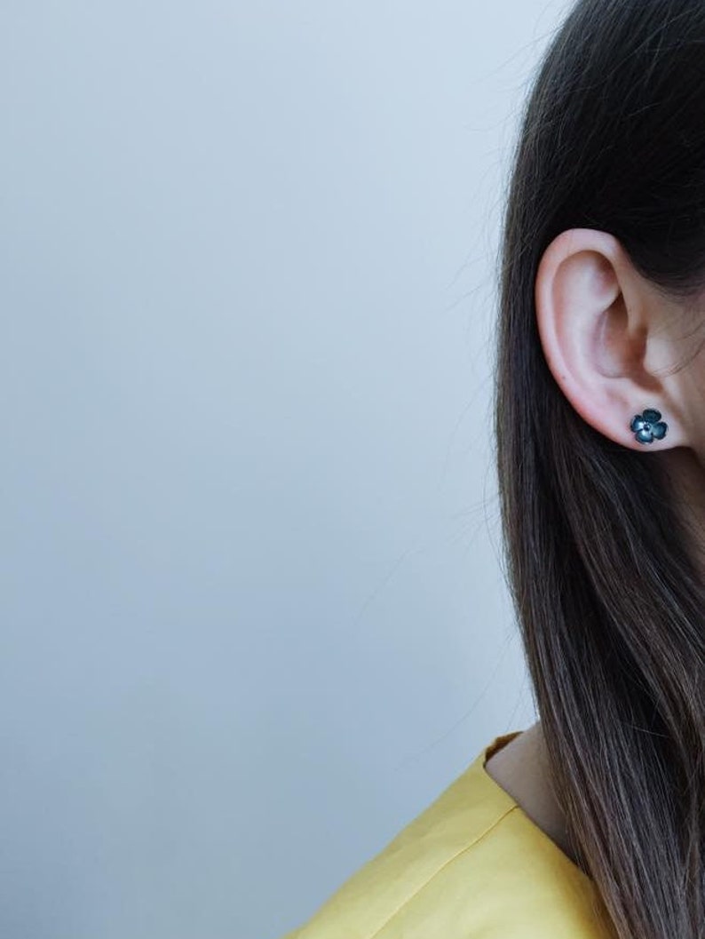 Flower silver earrings Floral earrings Basic silver studs Dark flower earrings Floral silver studs Everyday silver studs Light flower studs image 10