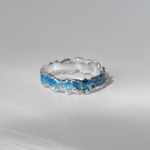 Wave ring Unique wedding rings Anniversary rings Engagement rings Blue enamel ring Blue silver ring Beach lovers ring Ocean lovers ring