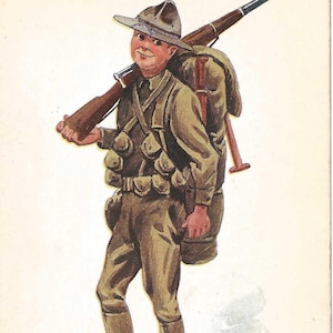 May include: A vintage postcard illustration of a soldier in a tan uniform and hat, carrying a large backpack and a rifle over the shoulder. The text at the bottom reads: I'M GOING TO BE AN EXPRESS WAGON WHEN I COME BACK. The soldier wears brown boots.