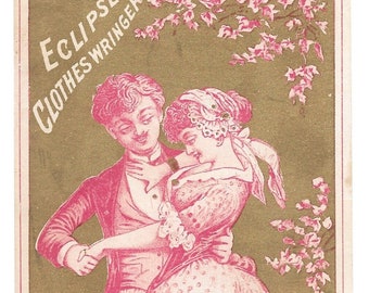 GERESERVEERD VOOR ADRIENNE - Romantische kledingwringer-handelskaart, c. 1880