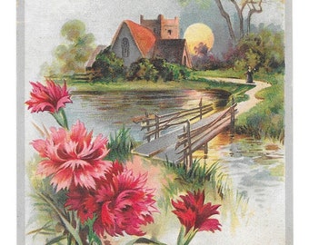 RESERVED FOR ADRIENNE - Carnations Landscape Yeast Trade Card, c. 1880