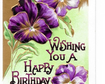 Bold Gilded Pansies Birthday Postcard, c. 1910