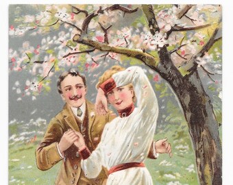 RESERVED FOR ADRIENNE - Cherry Blossom Couple Postcard, 1916
