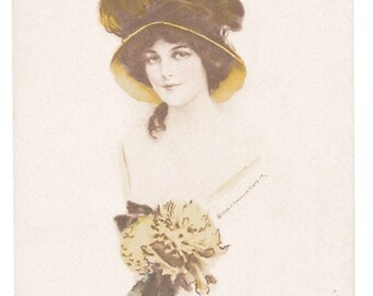 Postal de dama de flores amarillas firmada por el artista, c. 1910