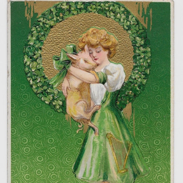 Schmucker Lucky Pig Lady St Patrick's Day Postcard, 1910