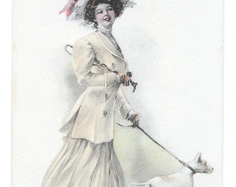 RÉSERVÉ À SUZIE - Carte postale La dame au bull terrier signée May Farini, vers 1910