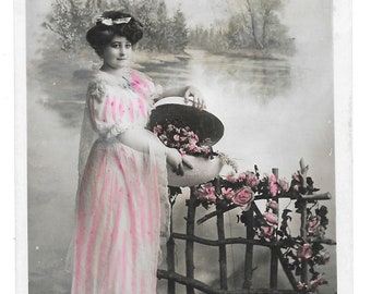 Pink Egg Lady French Easter Photo Postcard, c. 1910