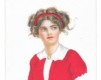 RESERVED FOR SUZIE - Artist-signed Lady in Red Postcard, c. 1910