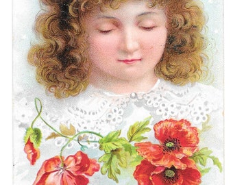 RESERVED FOR SUZIE - Poppies and Daisies Girl Postcard, 1904