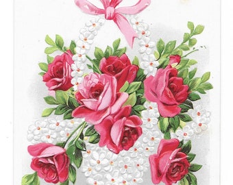 Cartolina di compleanno con cesto di rose, ca. 1910