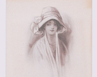 GERESERVEERD VOOR ADRIENNE - Sepia hoed Lady Postcard, ca. 1910