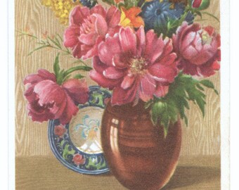 Vaso colorato di fiori Cartolina di compleanno tedesca, ca. 1950