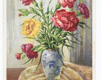 Vaso di garofani Cartolina di compleanno tedesca, ca. 1950