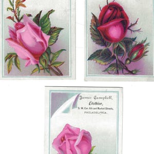 Jeu de trois cartes de vente de vêtements roses, v. 1880