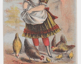 Carte commerciale de crème glacée pour fille nourrissant des poulets, 1881